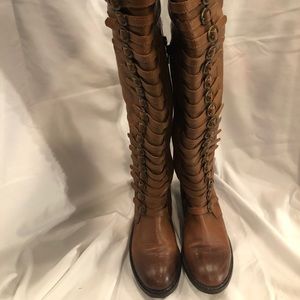 Brown Knee High Leather Buckle Boots